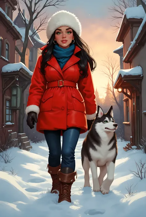 A illustration in the rimixa style, masterpiece, best quality, newest, absurdres, highres, vibrant, highly detailed, very aesthetic, walking with dog, large Siberian husky dog at side, looking at each other, 1girl, solo, 38 year-old gorgeous russian MILF, ...