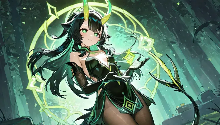 A portrait of dragon girl, long hair(black hair)((green gorgeous horns)) , green eyes, smile a little. The back is very small, 、、Small breasts, exterior: , long black tail.

Outfit: A white short dress, The clavicle is visible, covered with black tail rope...