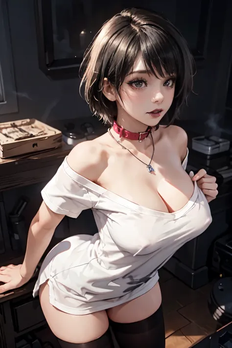 Girl, woman, emo_hairstyle, black lipstick, necklace, dog collar, eyeliner, eye shadow, smoky eyes, realistic lighting, short hair, shiny skin, big breast, oversized shirt, thighhighs, strapless, off shoulder. cleavage, arched back, front view. Bottomless.