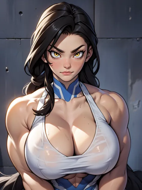 ((girl muscular thick)) pale skin black hair ultra detailed eyes huge large breasts toned body embarrassed blush very long hair skintight suit yellow eyes hair flaps cleavage