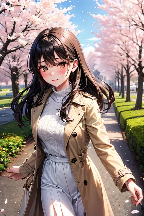 A young woman with long, silky black hair walks along a beautiful path lined with blooming cherry trees. She wears a beige trench coat over a white lace dress, holding the edge of her coat gently. A breeze lifts a few strands of her hair as she tucks them ...