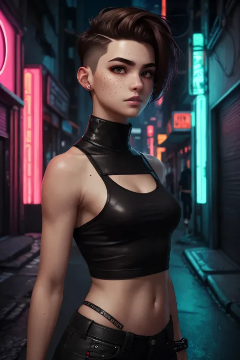 Cyberpunk Setting: A cool androgynous female streetkid with a undercut. Looking androgynous. Tomboy. Smart. Funny. Happy. Confident. Extremly pale skin with freckles. A rather slim but athletic body. Tomboyish look. Small breasts. Flat chest. Very thin eye...