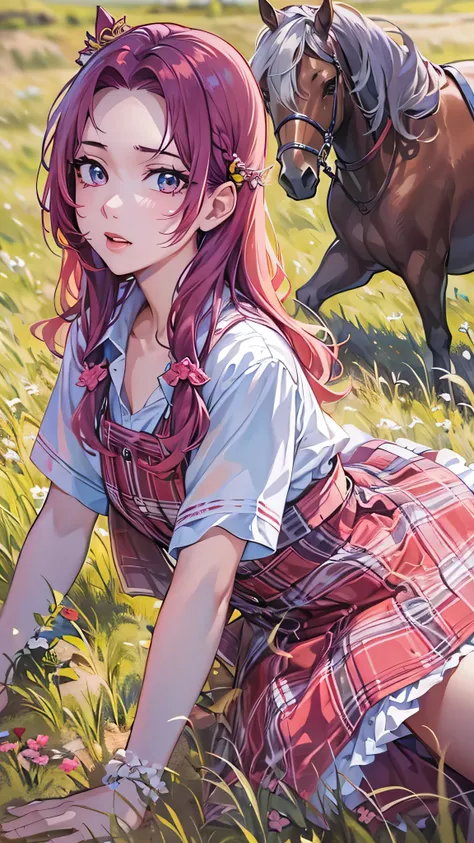  in high-definition images、 girl,  maroon hair,  facial details  ,  beautiful eyes,  pink shirt,  alone,  hair ornament  ,  hair clips,  long hair,  dark blue checked skirt, , Attention audience , lips, In the grassland, There's a horse next to it  ,  Full...