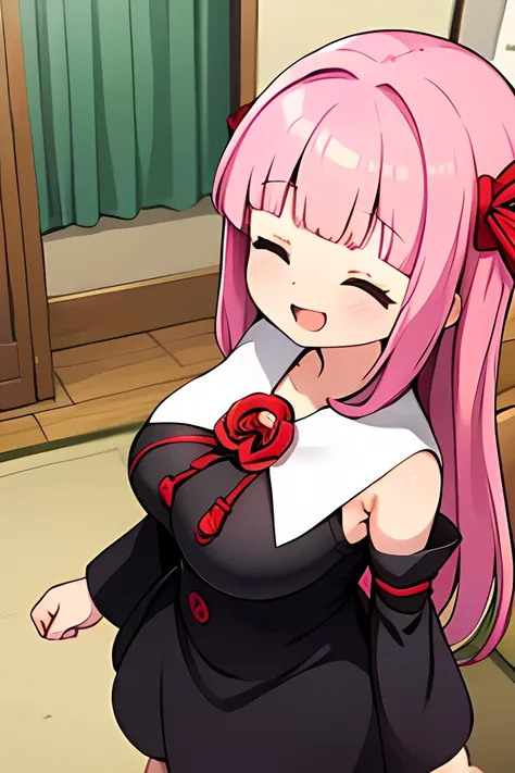 (WOMAN GREETING ), kotonoha akane,(( is puzzling)),Small eyes, iris,(((closed eyes))),round face,(hair ribbon),pink hair,long hair,bangs,opened mouth,((big breast)),(( chubby)) ,((black dress)), detached sleeves, wide sleeves, bare shoulders ,(((big smile:...