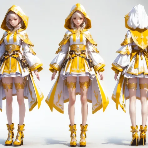  a close up of three different poses of a woman in a yellow and white dress, Gold and White Cloak , white and golden robes,  dressed as a clergyman , 3d rendering of a beautiful anime girl, golden and white garments,  hyper detailed fantasy character , RPG...