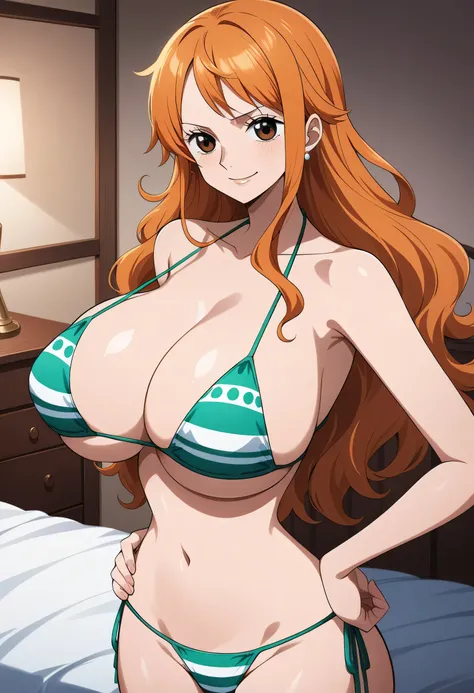 ( masterpiece,  best quality,  so beautiful,  super precise),  intricate detail on the edge of the garment, 4K, Anami ,  long hair, orange hair,  brown eyes,  popup, too big chewy boobs,Big Breasts, clavicle,  shoulder out, Chest,  green micro bikini ,   S...