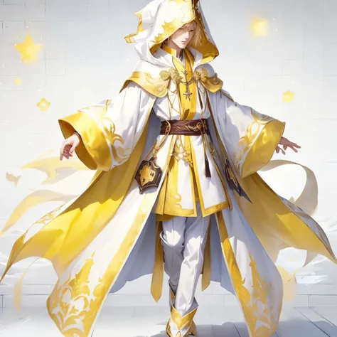  anime-style image of a man dressed in a yellow and white outfit, white and golden robes, Gold and White Cloak , golden robes e brancas,  dressed as a clergyman , flowing magic cloak , golden robes, ornate flowing garments, yellow robes,  wearing wizard ro...