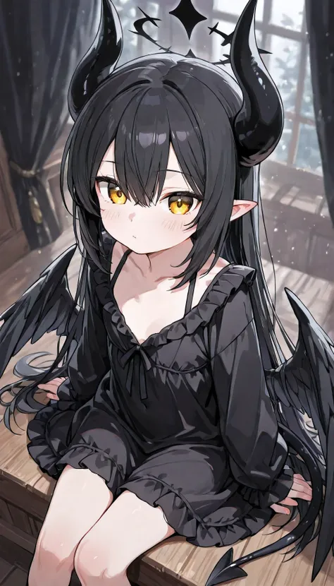 A Lolita Dragon girl Black Hairs, black horns, pointed ears, Golden eyes, small chest, black tail, black wings, no underwears, sitting
