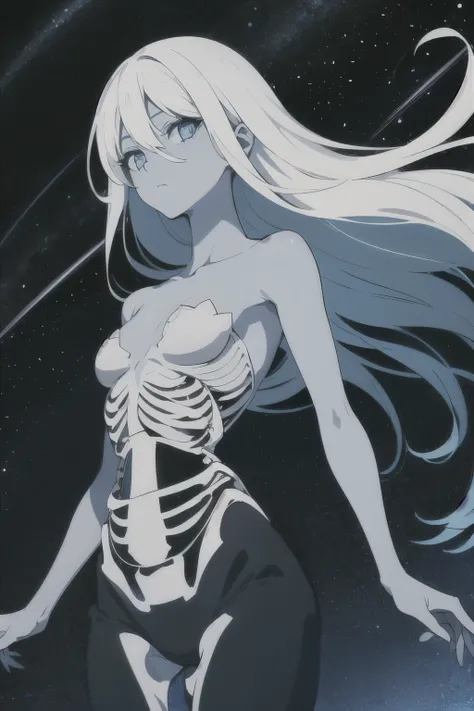 1girl, black background, monochrome, blue eyes, blue skin, closed mouth, colored skin, dark background, empty eyes, floating hair, long hair, looking at viewer, monster girl, ribs, skeleton, skinny, solo, standing, star \(sky\), starry sky, white hair