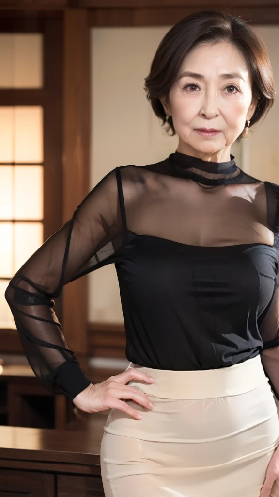   high definition,   high definition,    Attention to Details  ,  masterpiece,    anatomically accurate ,  sharp, (( Japanese,Mature Woman)),(80 years old:1.5),(old woman:1.5),(( facial wrinkles)), Long light brown hair , bangs,(((stand up,))),View photogr...