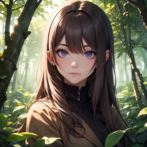 woman's face alone in forest, beautiful violet atmosphere
