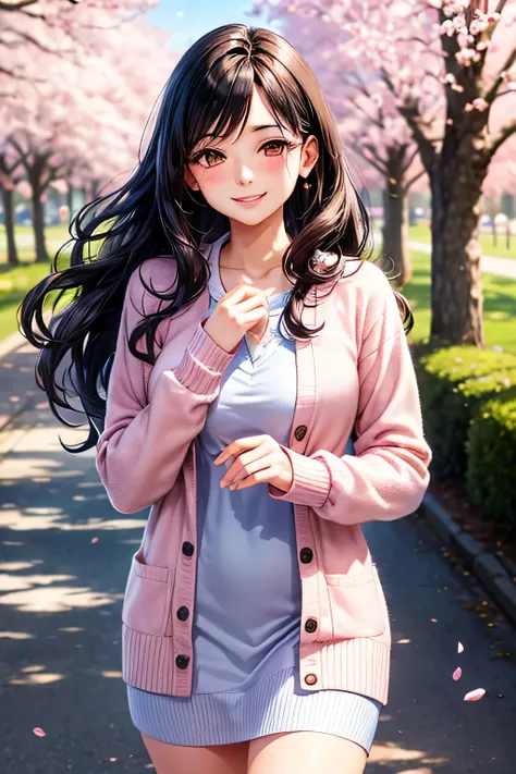 A charming young woman with long black hair styled in loose waves, wearing a light purple patterned dress and a soft pink cardigan, smiling gently. Her other hand lightly touches her cheek in delight. She gazes warmly as if sharing a sweet moment with some...