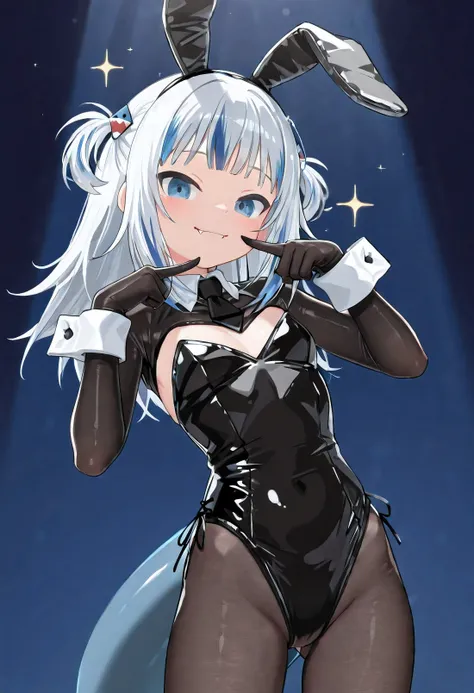 (masterpiece, best quality, ultra-detailed, 8k),  
Gawr Gura as a charming bunny girl, standing with a cheerful smile against a soft ocean-blue background. Her short, wavy silver-blue hair bounces slightly as her bright azure eyes sparkle with excitement. ...