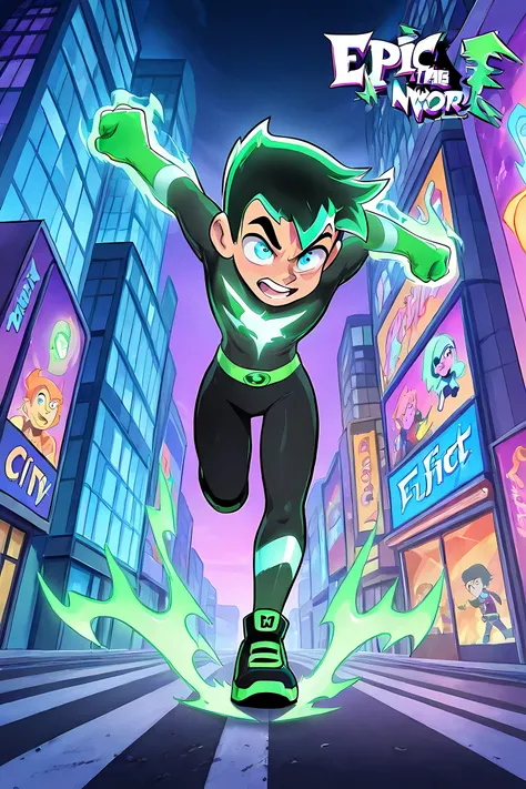 anime boy with neon green glowing skater hair, professionally drawn, glowing neon green ghost energy animal powers, danny phantom cartoon, colorful comic book background, anime characters running through a city with a fire in the background, anime epic art...