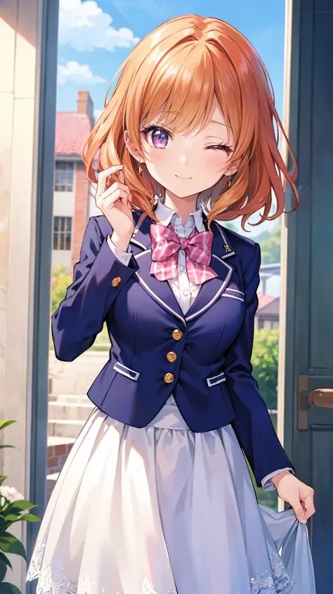  ultra-fine illustration  、{{}}、{ cute girl}、cowboy shot, (:1.5)、 beautiful hair、{ Orange Hair}、{  medium hair }、 { pink eyes}、 beautiful eyes、 one eye closed、{ school uniform}, { blazer}、  light smile, flushed cheeks、 open your mouth、Cherry colored sky、{ ...