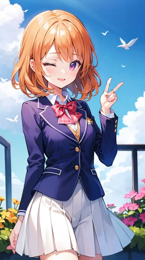  ultra-fine illustration  、{{}}、{ cute girl}、cowboy shot, (:1.5)、 beautiful hair、{ Orange Hair}、{  medium hair }、 { pink eyes}、 beautiful eyes、 one eye closed、{ school uniform}, { blazer}、  light smile, flushed cheeks、 open your mouth、Cherry colored sky、{ ...