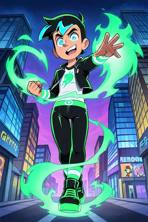 anime boy with neon green glowing skater hair, professionally drawn, glowing neon green ghost energy animal powers, danny phantom cartoon, colorful comic book background, anime characters fighting in a city with a fire in the background, anime epic artwork...