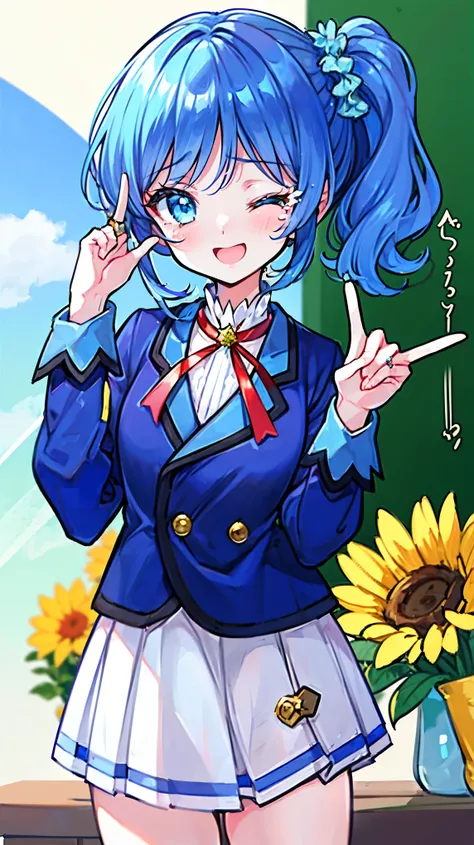  ultra-fine illustration  、{{}}、{ cute girl}、cowboy shot, (:1.5)、 beautiful hair、{ Blue Hair }、{  medium hair }、 { light blue eyes}、 beautiful eyes、 one eye closed、{ school uniform}, { blazer}、  light smile, flushed cheeks、 open your mouth、Cherry colored s...