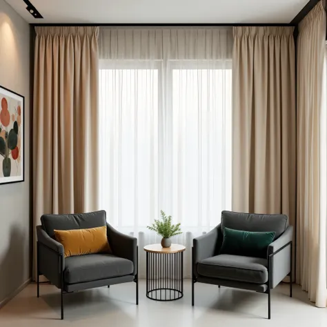  The image shows a modern and elegant living room ,  with a set of long, flowing curtains in a light beige tone ,  made of translucent fabric ,  that cover the entire length of the wall and soften the entry of natural light .  The curtain rail is embedded ...