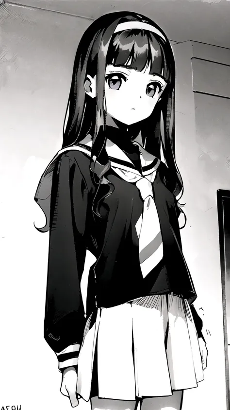 ((masterpiece,best quality)), {DATE_artstyle_LoRA : Manga_Style} {horror_edit}  {horror_edit : creepy_room_aura} {partially_monochrome} { (1girl, daidouji tomoyo, black hair, long hair, blunt bangs, hairband, long hair, purple eyes, perfectly_small_shape_b...