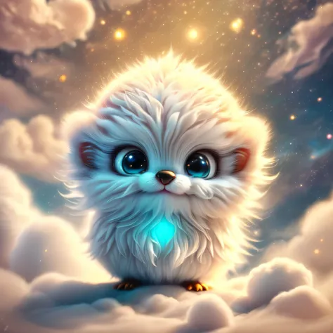 Magical Fantasy Creature, airbrushed super detailed, hyperrealistic fantasy art. Highly textured, hyperrealistic 3D render of a super cute realistic adorable celestial creature, cute and white, floating among the clouds. Creature is a small furry celestial...