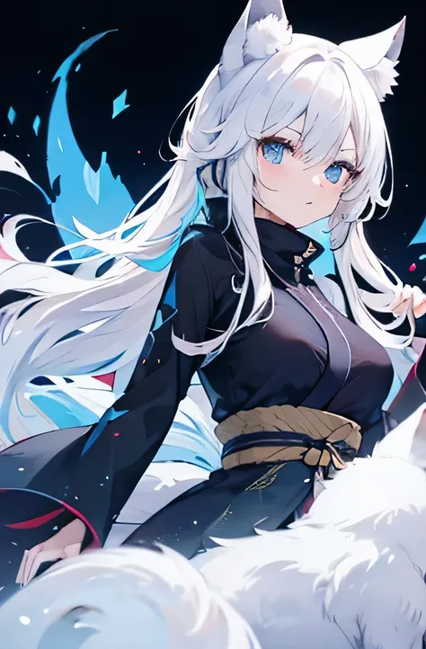 White hair, blue eyes, long hair, Arctic fox ears, Arctic fox tail, G_CUP(breasts), black Ninja clothes 