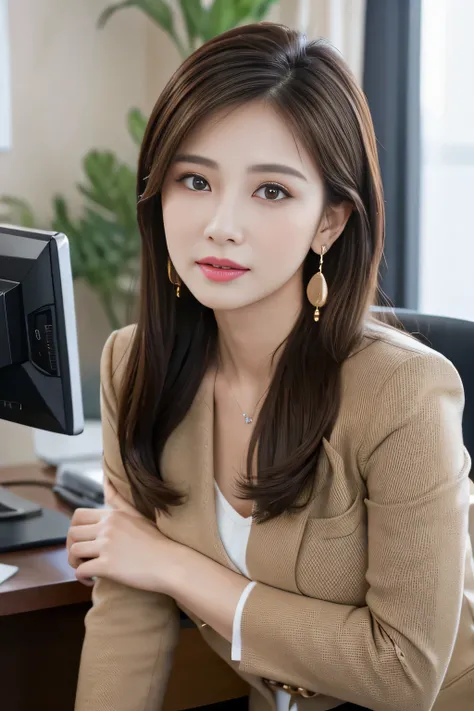 masterpiece、 best quality 、 real 、 very detailed on trends、 with finer details、High Resolution、8k wallpaper、1 beautiful woman、At the office、 Light Brown Disheveled Hair、 perfect dynamic configuration、 beautiful beautiful eyes、 Big Earrings 、 sitting on a c...