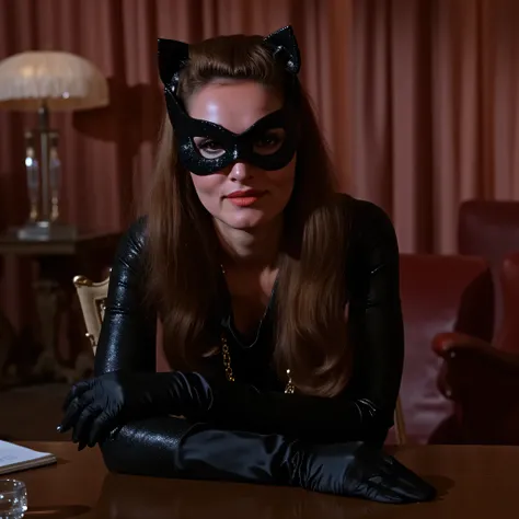 a ruthless and fearsome caucasian female criminal with long brown hair, cold menacing stare, wearing black eye mask, wearing long black leather gloves in elegant black leather mafia suit, leans forward on the table, posing in front of her female advisers...