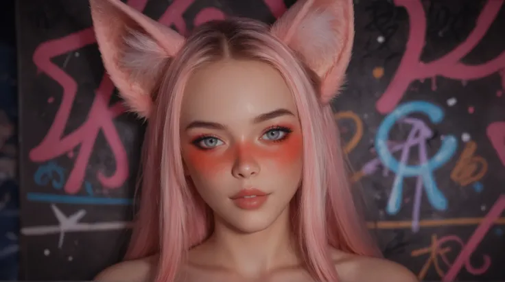 A cinematic medium shot of a dark fantasy scene with a powerful and enchanting female protagonist with striking neon pink hair. She dons a form-fitting outfit adorned with intricate architectural, anime, graffiti, and 3D render details. The background mast...