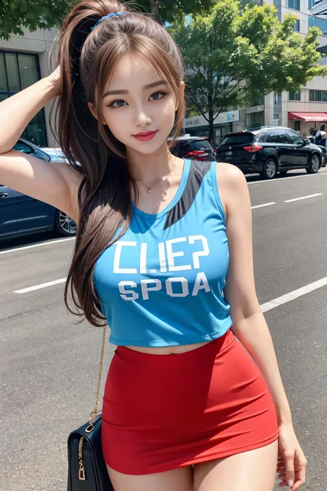 （quality），8k，（ masterpiece：1.3），（ 1 girl：1.3）（Named after Mina）， beautiful Korean girl ， K-pop idol ， big blue eyes ，Double eyelid long lashes ， sexy and plump red lips ，brown ponytail， beautiful woman with perfect body：1.4，（ vest line hanging on the stoma...