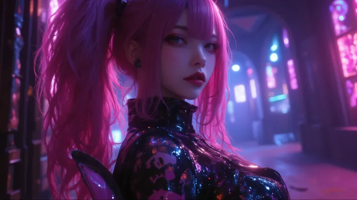 A cinematic medium shot of a dark fantasy scene with a powerful and enchanting female protagonist with striking neon pink hair. She dons a form-fitting outfit adorned with intricate architectural, anime, graffiti, and 3D render details. The background mast...