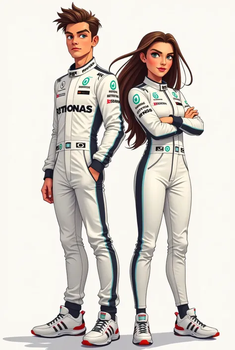 two YOUNG FORMULA 1 MALE AND FEMALE racing drivers side by side in WHITE CARTOON UNIFORM with neutral background