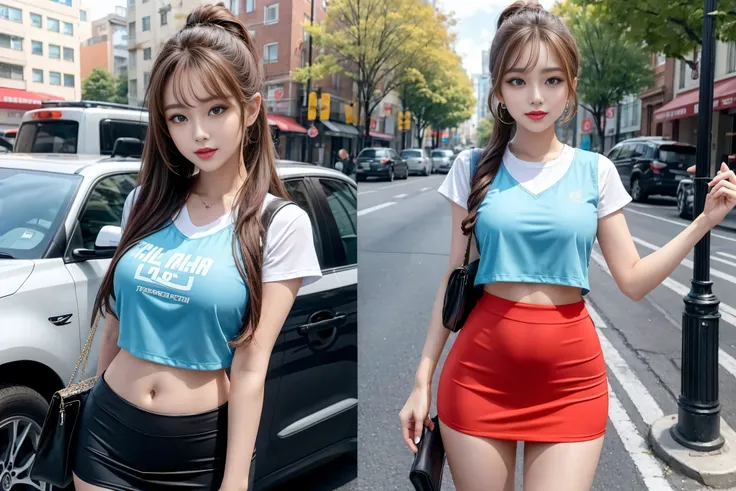 （quality），8k，（ masterpiece：1.3），（ 1 girl：1.3）（Named after Mina）， beautiful Korean girl ， K-pop idol ， big blue eyes ，Double eyelid long lashes ， sexy and plump red lips ，brown ponytail， beautiful woman with perfect body：1.4，（ vest line hanging on the stoma...