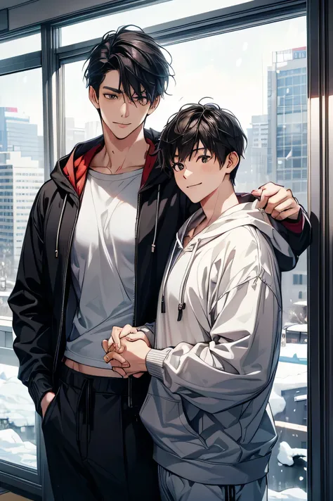  Two Japanese Men　 handsome　 short dark hair  　　short cropped 　　Two slim people 　　　　 inside the training room with full glass 　 It's a cold snowy day outside 　Outside is a snowy future urban skyscraper group 　　　 The two are wearing thick plain hoodies that...