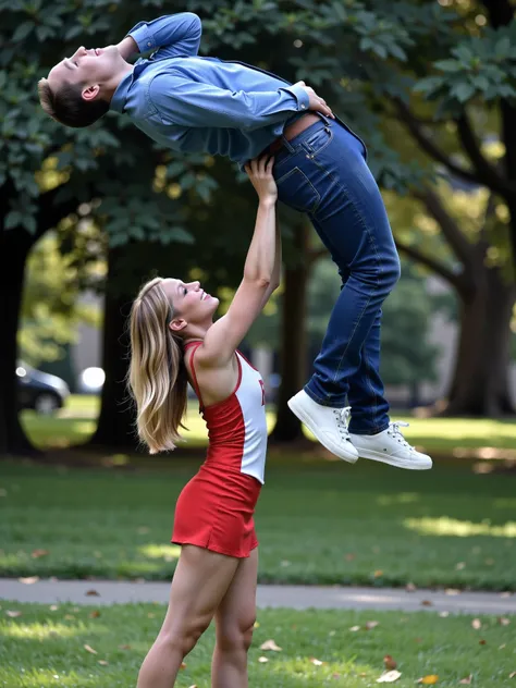 A longshot photograph capturing a (petite:1.4), athletic, slim, 21, girl effortlessly lifting a larger man straight up. Her hands are under his armits and holding him aloft with her strong arms. [The girl has long blonde hair and is dressed as a cheerleade...