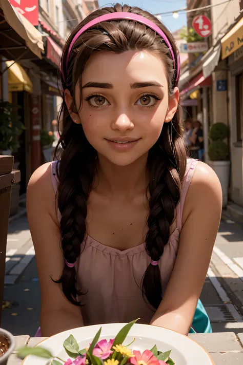 An impressive and intricate full color portrait, Ultra-HD a girl, brown hair with 2 braids, brown eyes, pink headband, detailed face, dressed in a red dress, no logos, epic character composition, alessio albi, nina masic, sharp focus, natural lighting, sub...