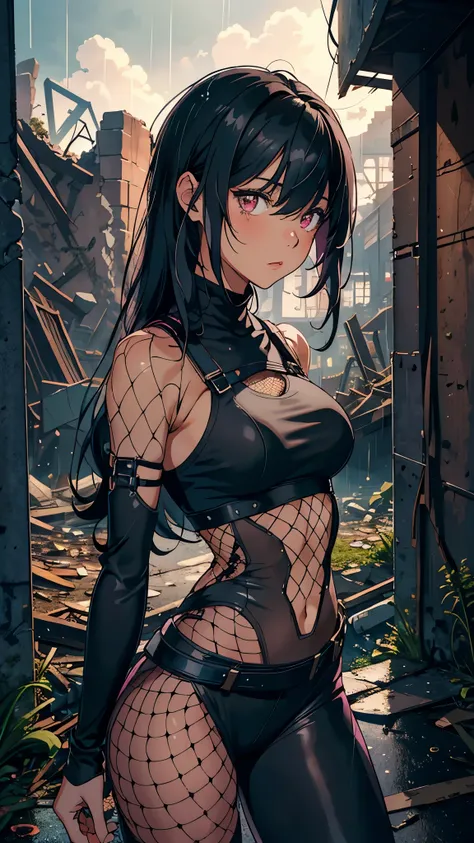 ((masterpiece, best quality)), (1girl, solo, anime girl in the ruins, night, rain),(mature, tan skin), (solo), (female focus), (black hair, long hair, messy hair),pink eyes, ((black armor, fishnet clothes, long leggings)), tan skin, evil, vicious, portrait...