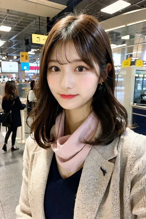  gentle charming Japanese woman , Half-body photo,    Attractive Plump Face ,  double eyelid, Smart droopy eyes,  pink lips,  Small upturned nose ,  focused face ,  Face Up ,  super high resolution, airportのグランドスタッフ, airport, A  scarf with an elegant large...