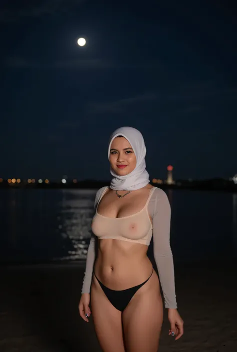 Indonesian woman, wearing hijab, wearing a necklace, small watch, natural face without make-up, local face, wide waist, beige bra, black panties, on the beach at night with the lighthouse moonlight, 4K, HDR, High resolution.