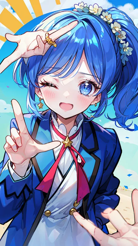  ultra-fine illustration  、cowboy shot, (:1.5)、 beautiful hair、{ Blue Hair }、{  ponytail}、 { light blue eyes}、 beautiful eyes、 one eye closed、{ school uniform}, { blazer}、  light smile, flushed cheeks、 open your mouth、Cherry colored sky、{ Graduation Ceremo...