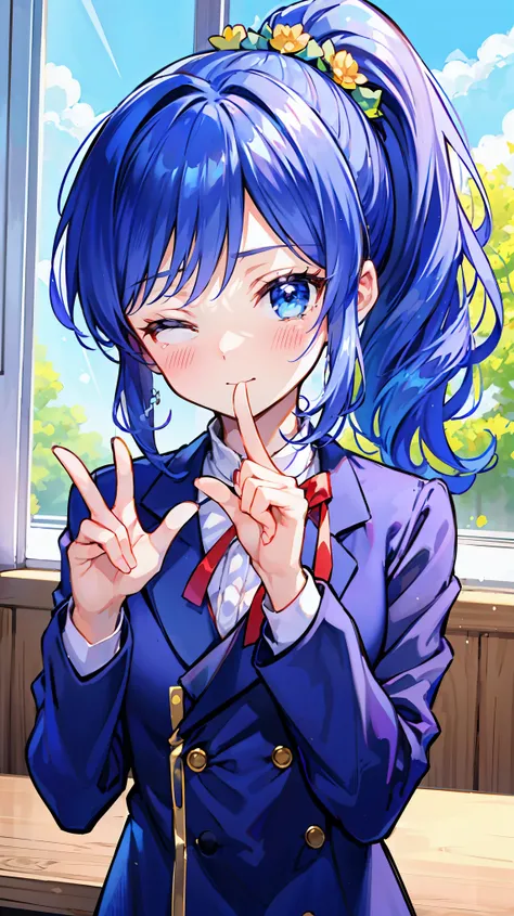  ultra-fine illustration  、cowboy shot, (:1.5)、 beautiful hair、{ Blue Hair }、{  ponytail}、 { light blue eyes}、 beautiful eyes、 one eye closed、{ school uniform}, { blazer}、  light smile, flushed cheeks、 open your mouth、Cherry colored sky、{ Graduation Ceremo...