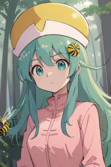  best quality,  masterpiece,  high res,   Details,   digital art , hxhponzu ,  light blue hair,  green eyes ,  real hair ornaments, round  real hair ornaments,  pink shirt,  pink hat ,  upper body, anger, bee. 多くのbee, beeが飛ぶ,  mushroom forest with round,  ...