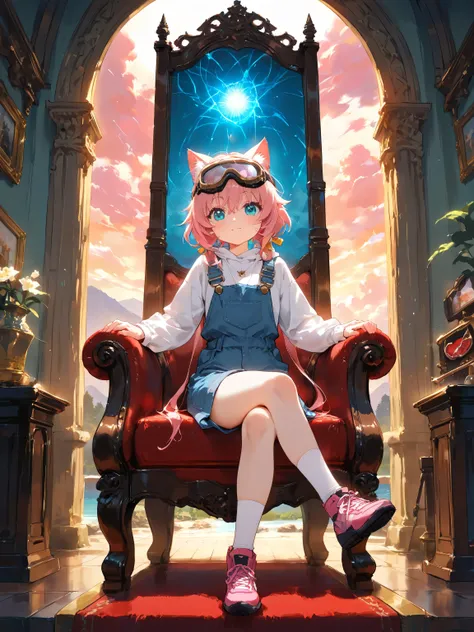  HDR animation  , Cat ears、 goggles, (Full body shot from 45度斜め上から:1.1)、(Moment with a sense of dynamism in a deadly move that boldly uses the whole body:1.2)、Sitting cross-legged on the throne in the Demon Castle 、Put on a cheek stick and sit on the thron...