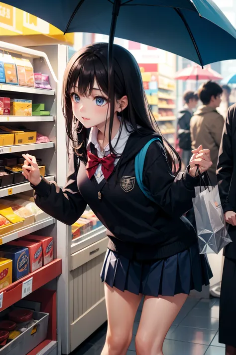 Place an umbrella in the shopping street ，female student， skirt，bend over挑選，dark hair，sideways，thigh，side，bend over，Look at your own hands，Handheld cute keychain，Product rack，Look next to，Left half
