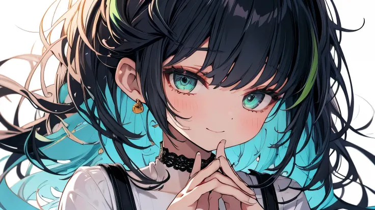  multicolor hair、 black hair、 green hair、long shirt with collar、 black suspenders style dress、White long shirt、 black dress、 lace black choker 、 straight hair、 with both eyes closed、I'm putting my hands in front of my neck、 opening lightly、Stretch your fin...