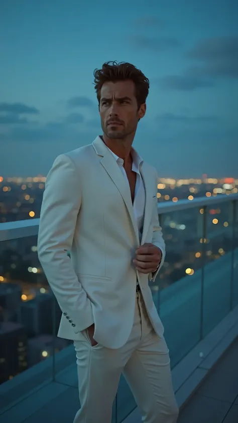 CAMERA SHOT:  
A mid-shot capturing the model from the waist up, positioned slightly below eye level to enhance his dominant, confident presence.  

SUBJECT IN MOTION:  
The model stands on a modern rooftop with a panoramic view of Mexico City’s skyline, t...