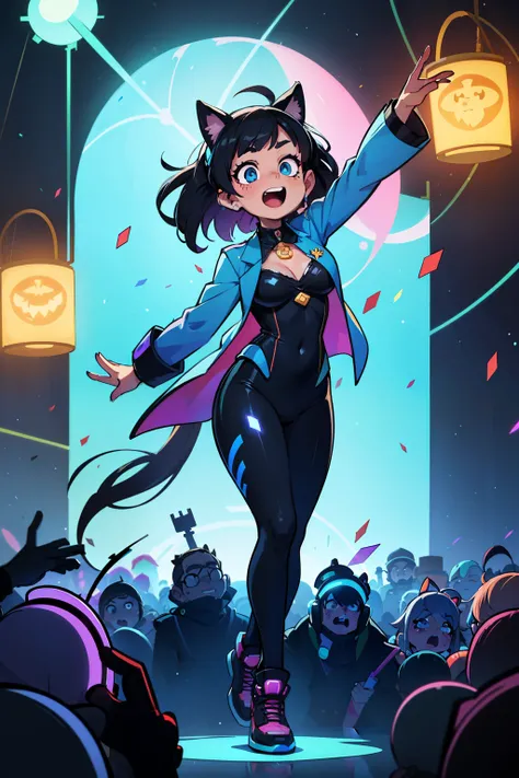  best quality,  super high resolution,*"Azrael Mew takes center stage in the futuristic circus arena, singing passionately as neon-blue energy surges around her. Her sleek blue tailcoat glistens under the holographic spotlights, accentuating her commanding...