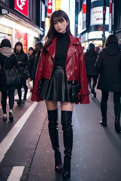 Carafe woman wearing black boots and a black jacket on a city street , 4K high quality 、 dirty,  high boots ,  Short Skirts and Long Jackets ,  and a ,  high heel boots,   slim in a bright red Santa Claus dress and black nightgown ,   Tokyo fashion ,  Japa...