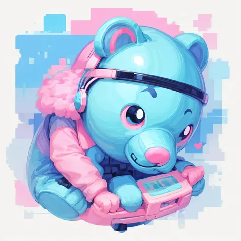 risograph, pastel blue bear wearing headphones, holding a gaming console with pixel hearts painted , very simple composition , abstract art illustration, minimal details, white background, bold lines, flat illustrations, vector style, hand drawn illustrati...