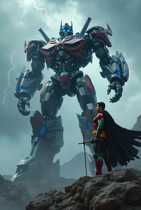 A towering Transformers Prime-style robot and Robin, the legendary sidekick of Batman, face off on a rugged mountain peak under a stormy sky. The Transformer, with battle-worn metallic armor, glowing blue optics, and intricate mechanical plating, stands fi...